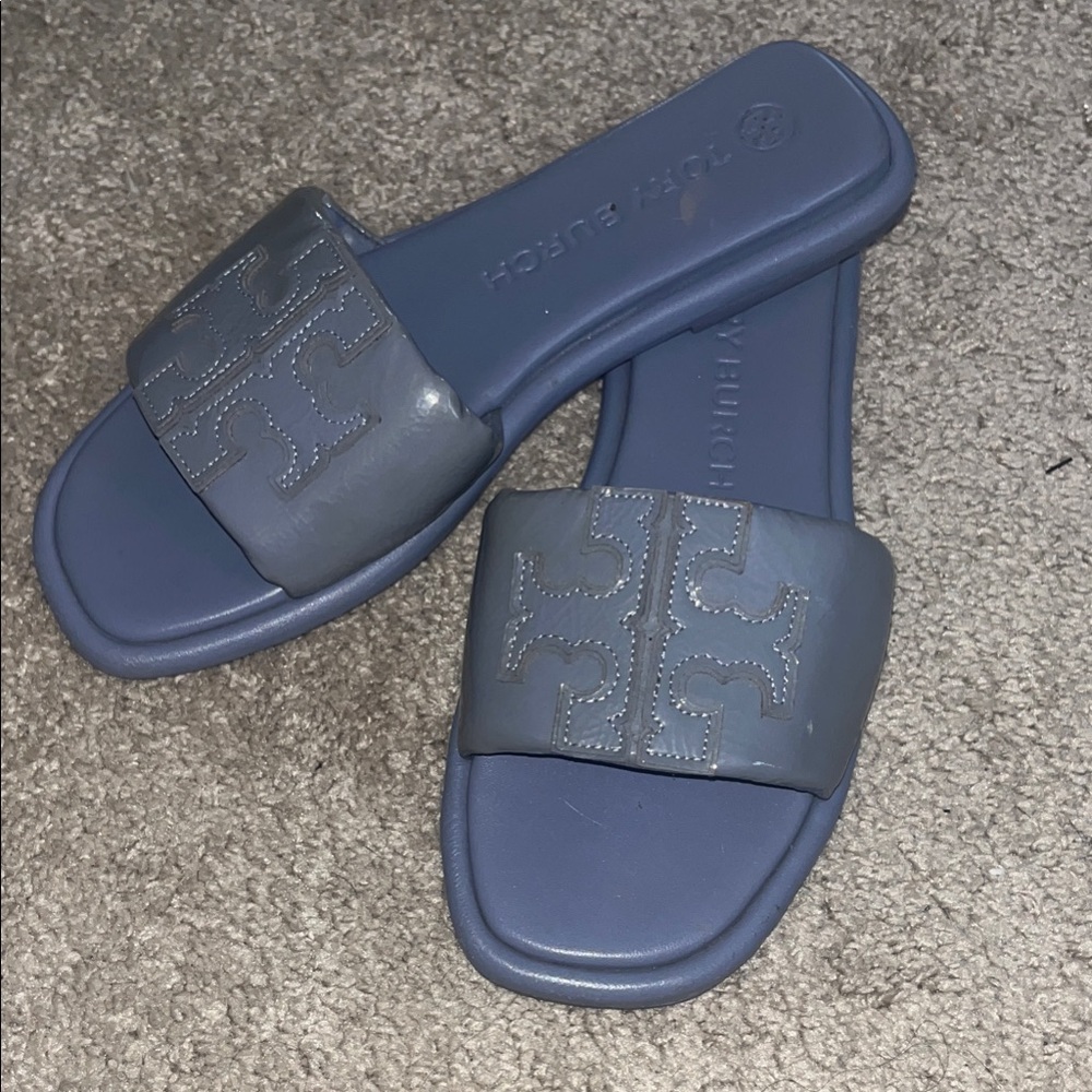 Tory Burch Slate Blue Logo Slide Sandals